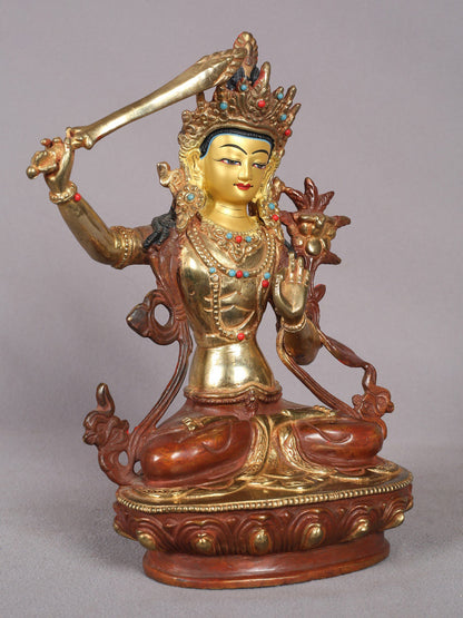 9" Tibetan Buddhist Deity Manjushri Copper Statue from Nepal