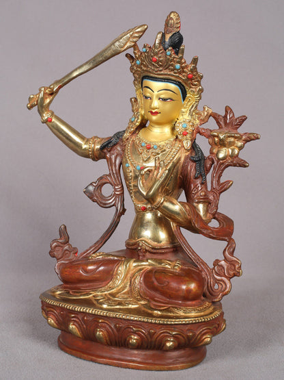 9" Tibetan Buddhist Deity Manjushri Copper Statue from Nepal