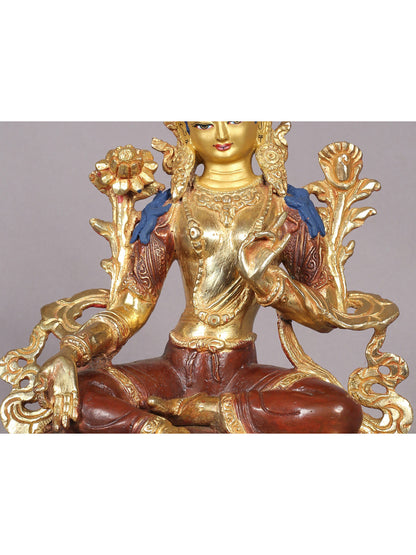 8" Buddhist Goddess Green Tara Sculpture from Nepal | Nepalese Copper Statue