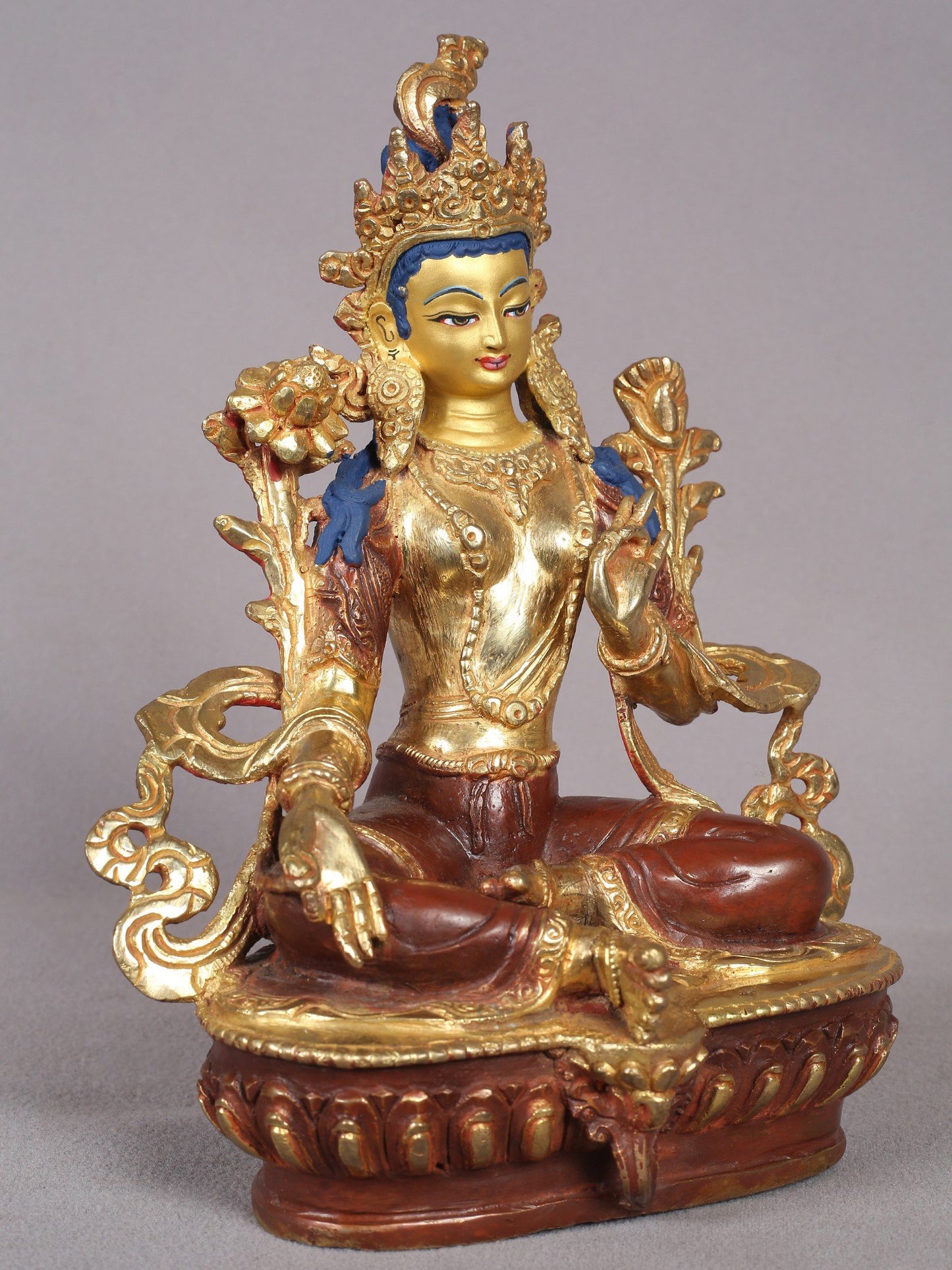 8" Buddhist Goddess Green Tara Sculpture from Nepal | Nepalese Copper Statue