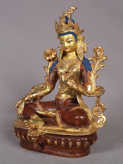 8" Buddhist Goddess Green Tara Sculpture from Nepal | Nepalese Copper Statue