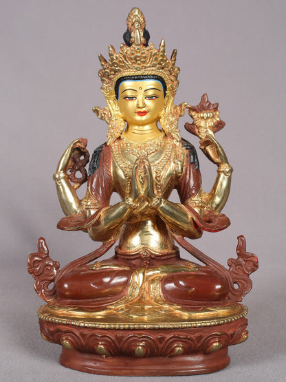 9" Chenrezig (Four-Armed Avalokiteshvara) Statue from Nepal | Copper Idol with Gold Plated