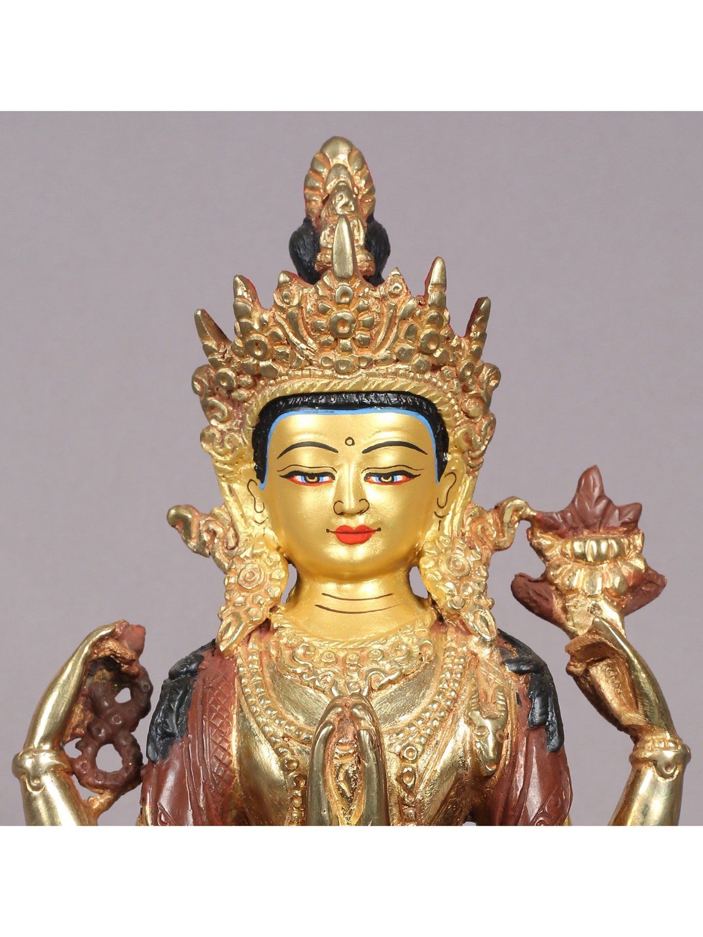 9" Chenrezig (Four-Armed Avalokiteshvara) Statue from Nepal | Copper Idol with Gold Plated