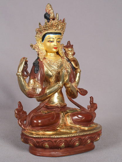 9" Chenrezig (Four-Armed Avalokiteshvara) Statue from Nepal | Copper Idol with Gold Plated