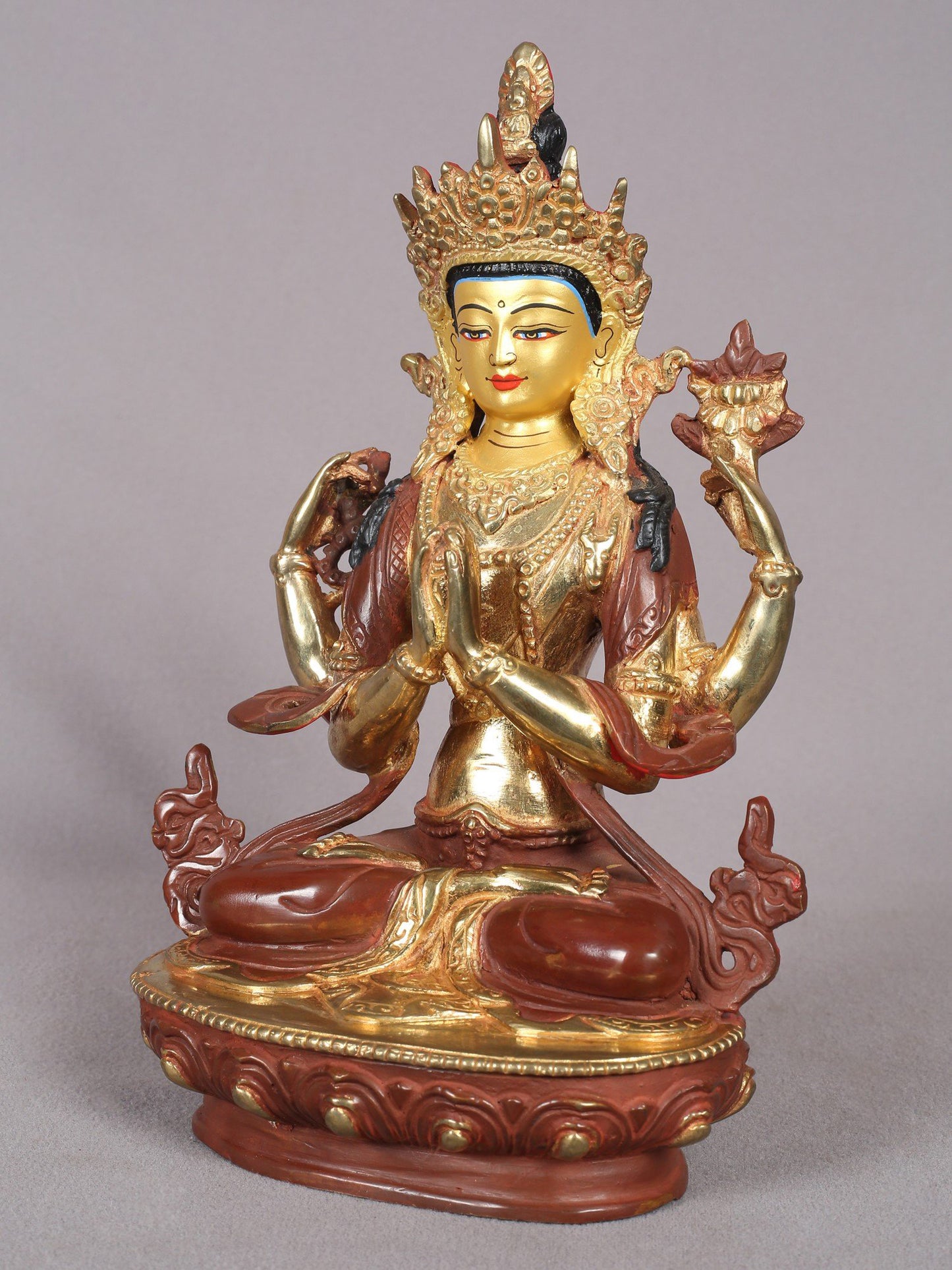 9" Chenrezig (Four-Armed Avalokiteshvara) Statue from Nepal | Copper Idol with Gold Plated