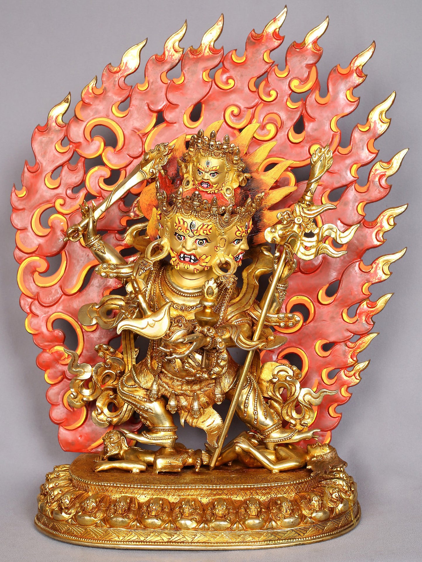 Four Headed Mahakala Copper Idol with Gold Plated