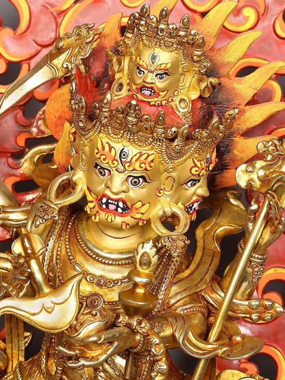 Four Headed Mahakala Copper Idol with Gold Plated