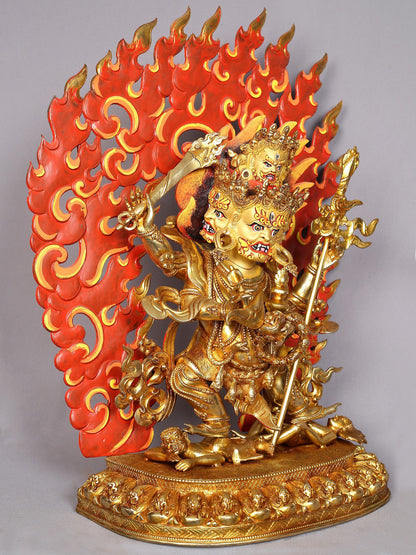 Four Headed Mahakala Copper Idol with Gold Plated