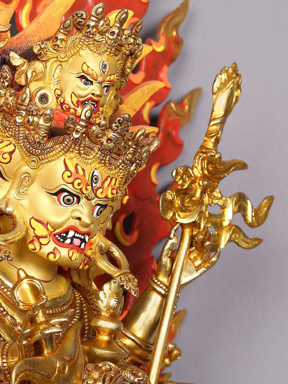 Four Headed Mahakala Copper Idol with Gold Plated