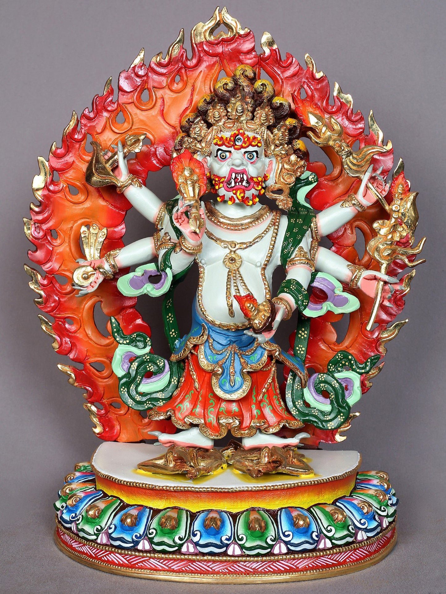 13" Six Hands White Mahakala Copper Statue from Nepal