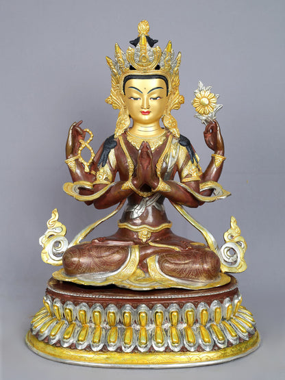 18" Chenrezig (Four Armed Avalokiteshvara) | Copper Statue from Nepal