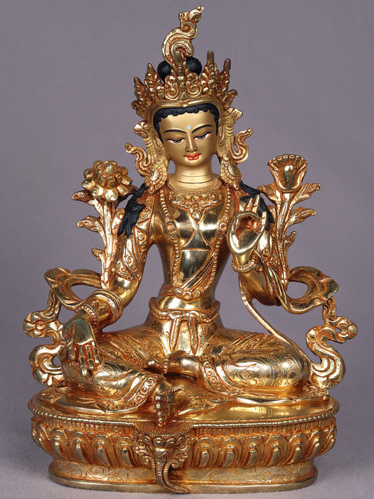 9" Goddess Green Tara Copper Statue from Nepal | Nepalese Copper Figurines