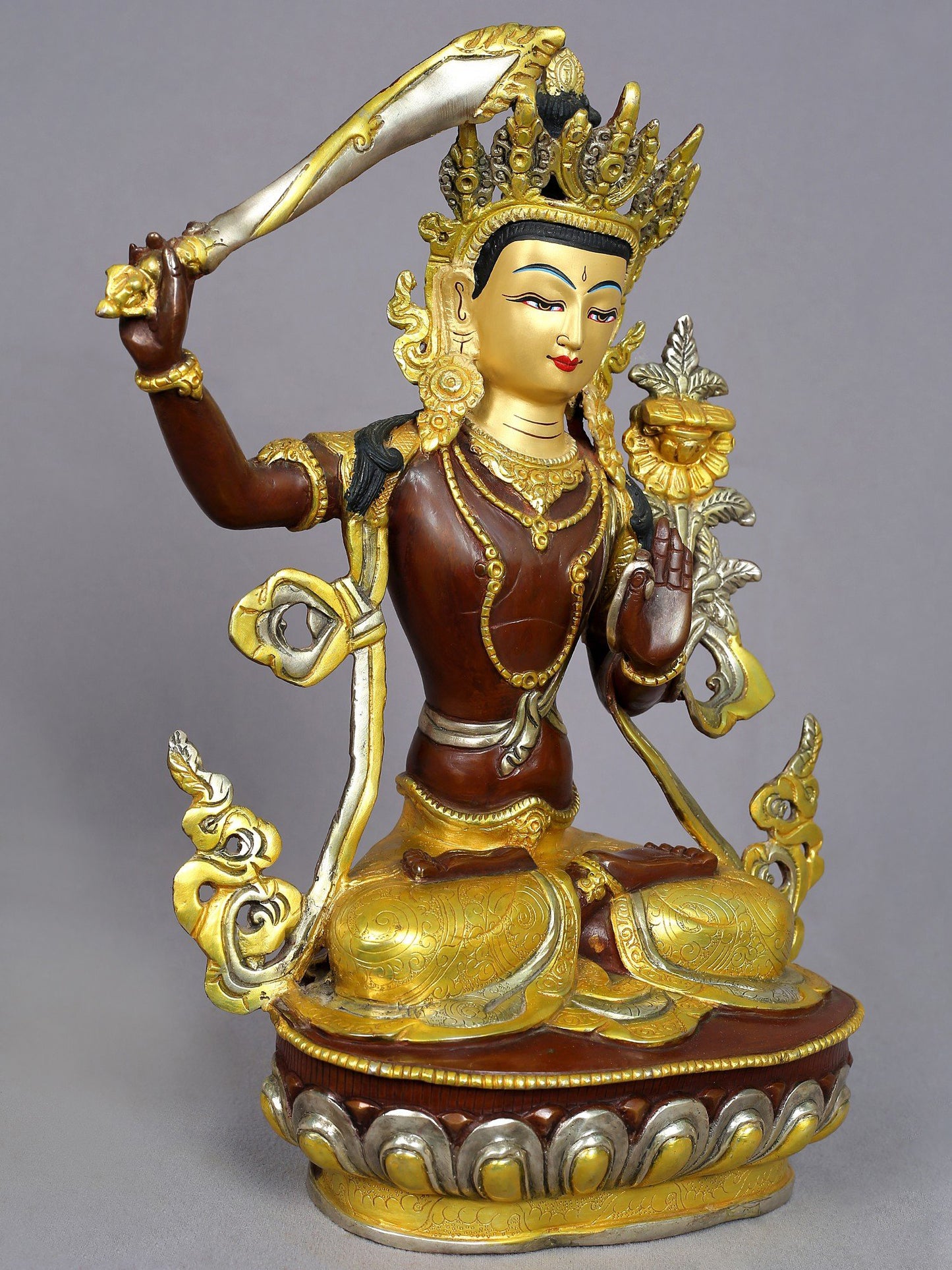 14" Manjushri Copper Statue from Nepal | Buddhist Deity Idols