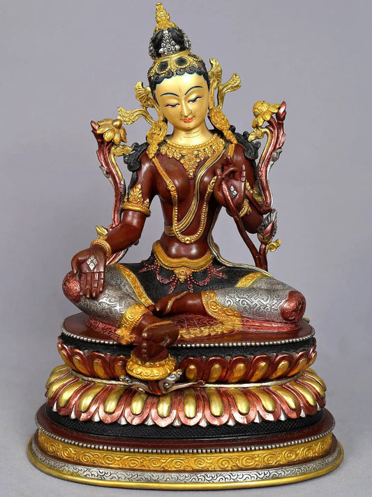 15" Mongolian Goddess Green Tara Copper Statue