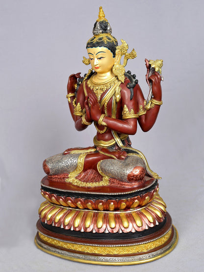 16" Mongolian Chenrezig (Avalokiteshvara) | Copper Statue with Gold Plated