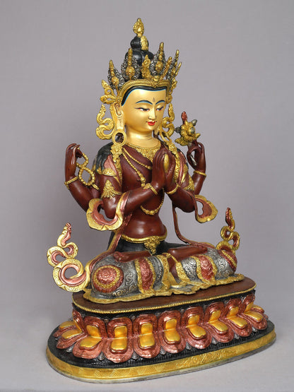 19" Buddhist Deity Chenrezig Idol from Nepal | Nepalese Copper Statue