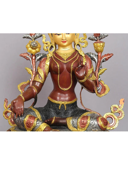 19" Buddhist Goddess Green Tara Idol from Nepal | Nepalese Copper Statue