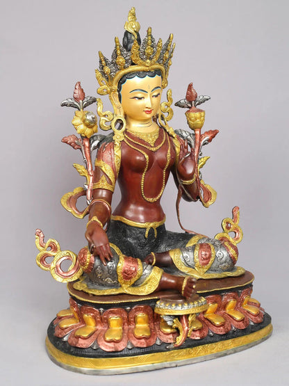 19" Buddhist Goddess Green Tara Idol from Nepal | Nepalese Copper Statue