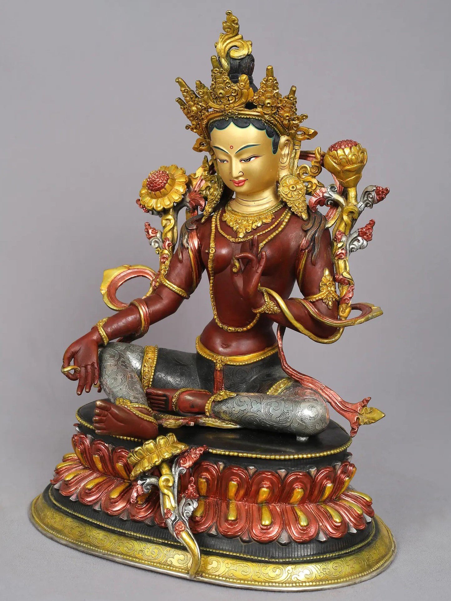 16" Tibetan Buddhist Goddess Green Tara Copper Statue from Nepal