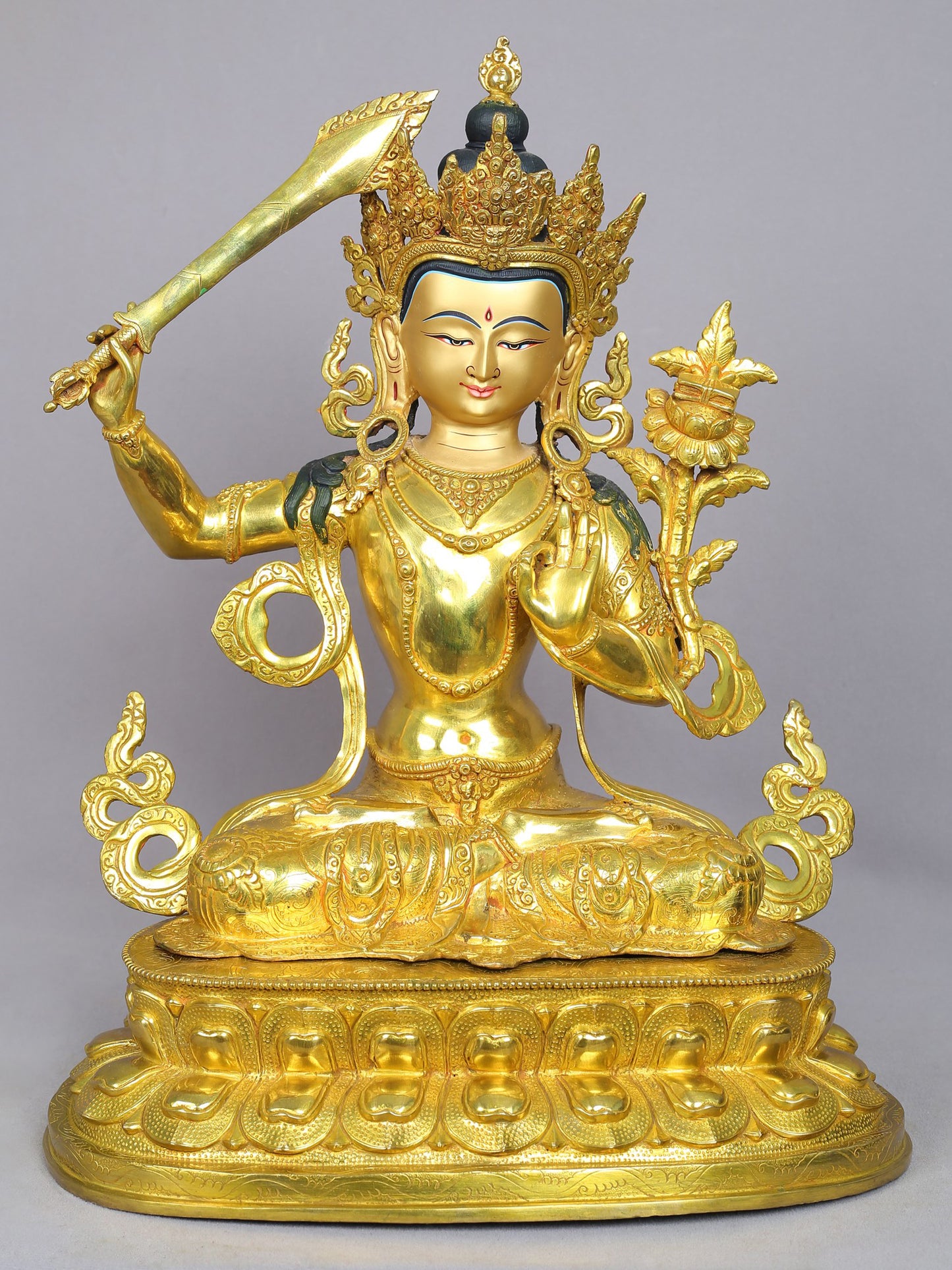 19" Tibetan Buddhist Deity Manjushri Idol | Nepalese Copper Statue