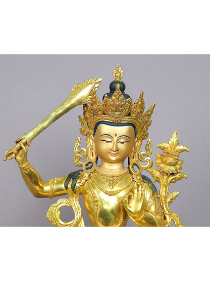 19" Tibetan Buddhist Deity Manjushri Idol | Nepalese Copper Statue