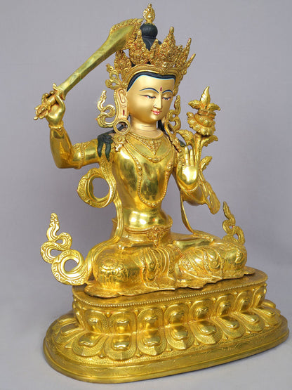 19" Tibetan Buddhist Deity Manjushri Idol | Nepalese Copper Statue