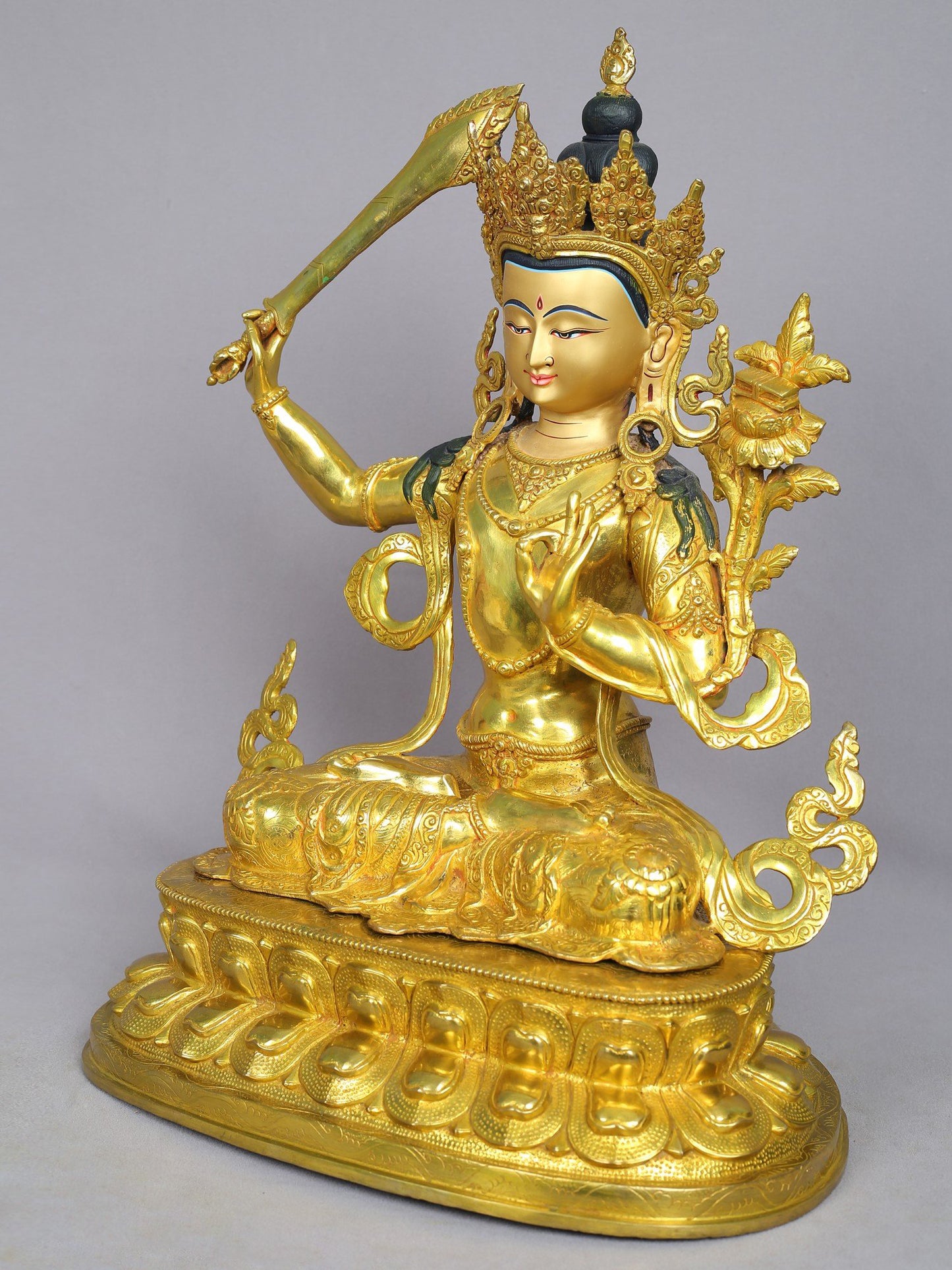 19" Tibetan Buddhist Deity Manjushri Idol | Nepalese Copper Statue