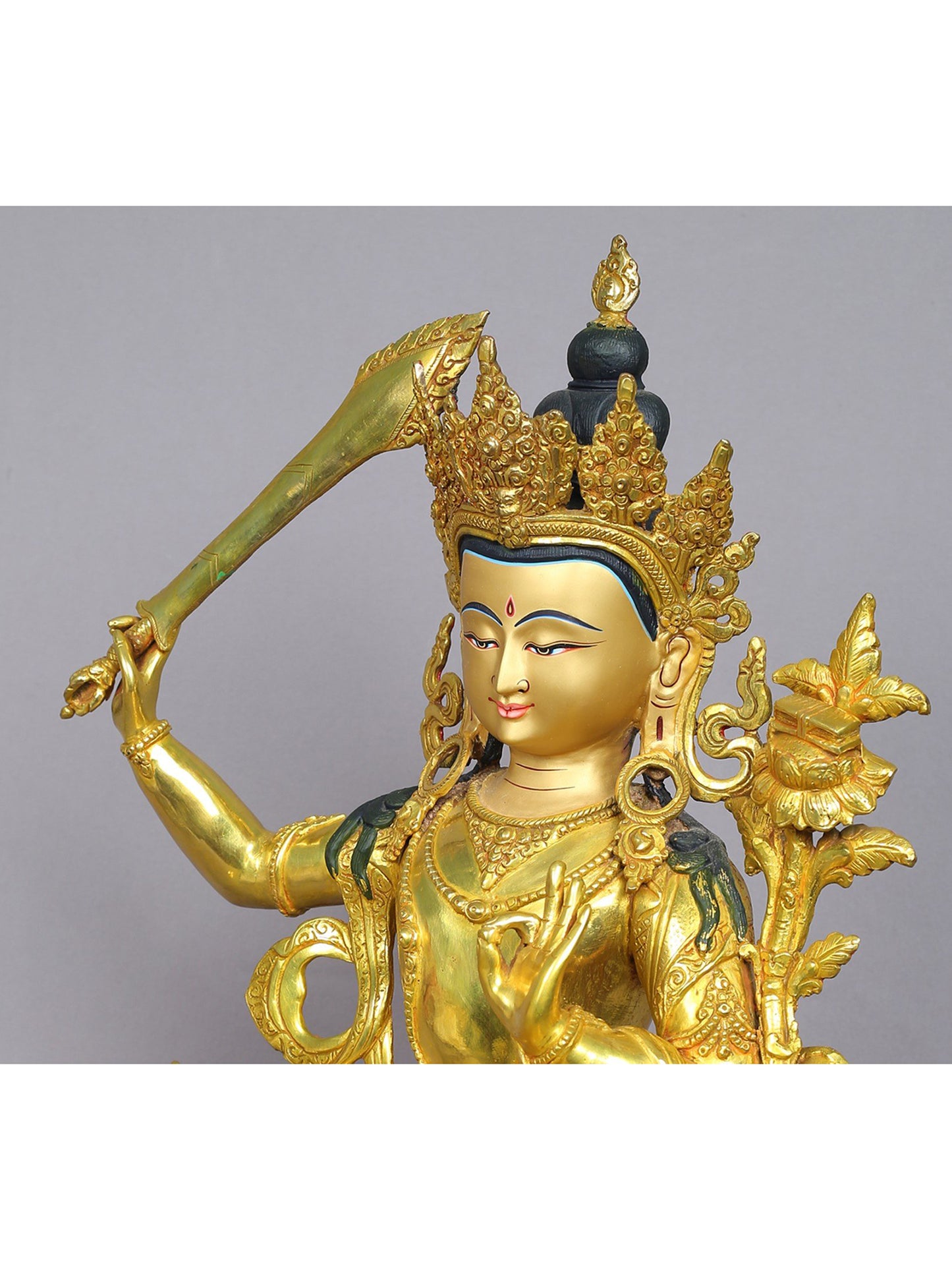 19" Tibetan Buddhist Deity Manjushri Idol | Nepalese Copper Statue