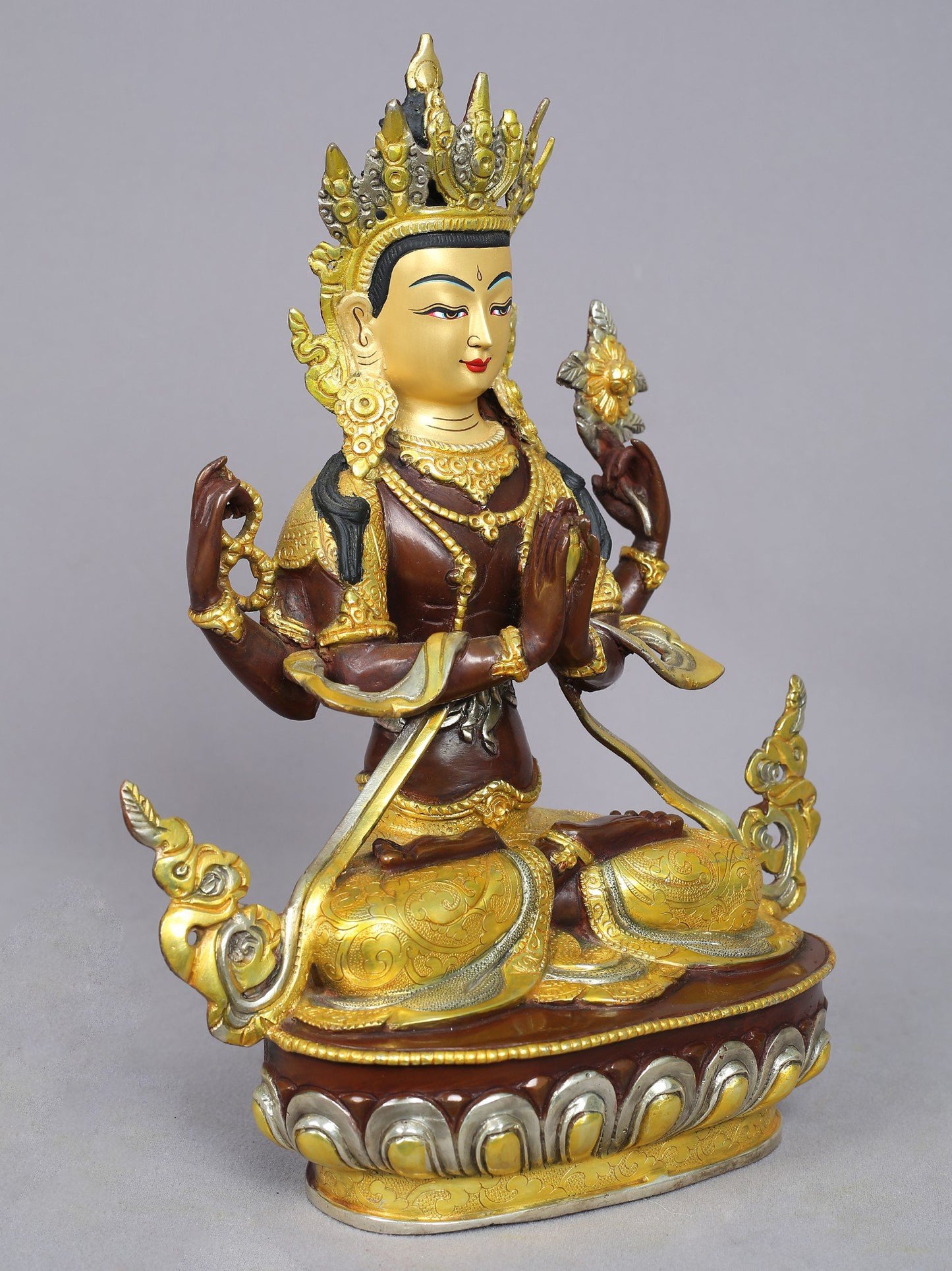 13" Tibetan Buddhist Deity Chenrezig Copper Statue from Nepal