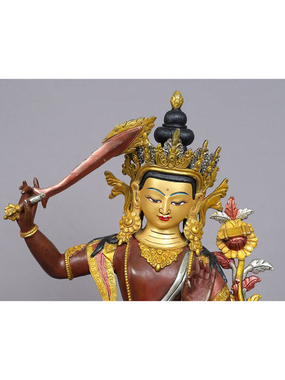 15" Manjushri Copper Statue from Nepal | Buddhist Deity Figurines