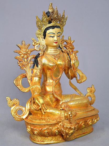 13" Goddess Green Tara Copper Statue from Nepal | Buddhist Deity Idols