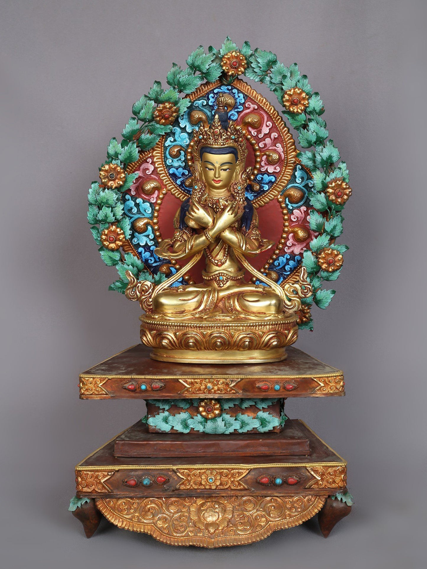 16" Lord Vajradhara Idol Seated On Throne | Handmade Idol | Nepalese Copper Statue