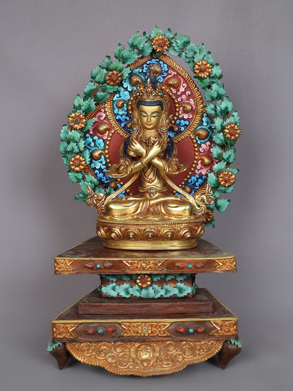 16" Lord Vajradhara Idol Seated On Throne | Handmade Idol | Nepalese Copper Statue