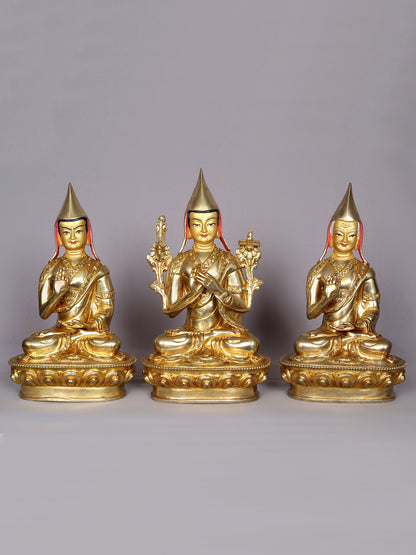 9" Tsongkhapa (Set of 3) Copper Statue | Handmade Idol | Nepalese Copper Statue