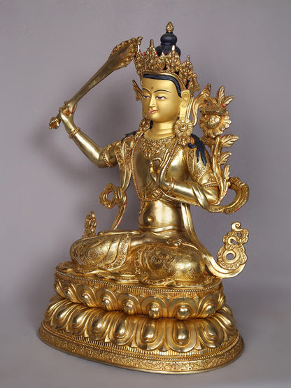 15" Manjushri Copper Statue From Nepal | Handmade | Buddhist Deity Idols