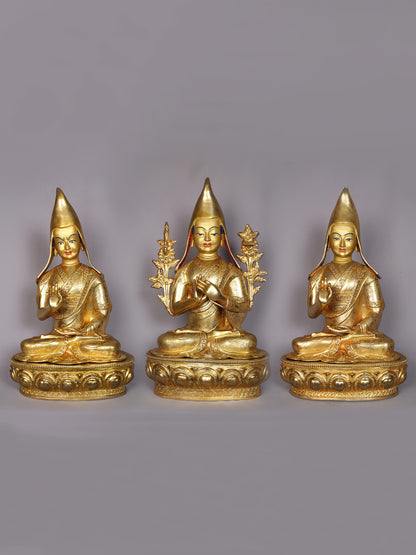 20" Tsongkhapa (Set of 3) Copper With Gold Plated Statue From Nepal | Handmade