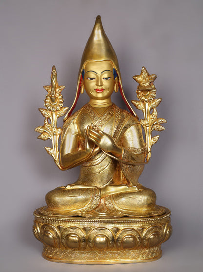 20" Tsongkhapa (Set of 3) Copper With Gold Plated Statue From Nepal | Handmade