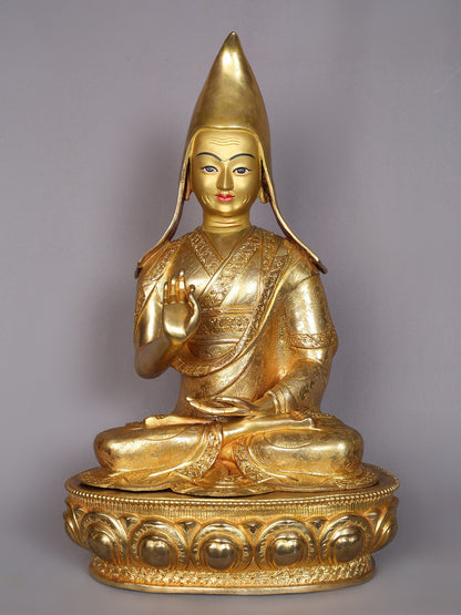 20" Tsongkhapa (Set of 3) Copper With Gold Plated Statue From Nepal | Handmade