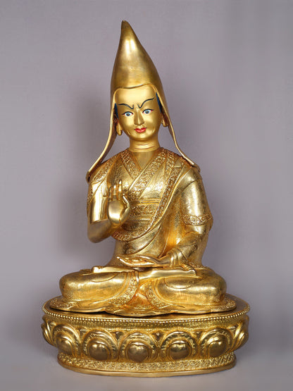 20" Tsongkhapa (Set of 3) Copper With Gold Plated Statue From Nepal | Handmade