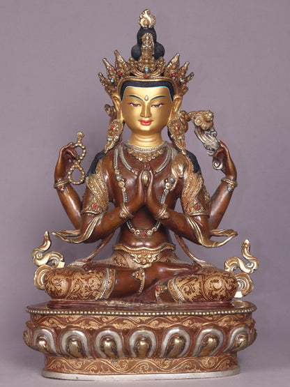 15" Tibetan Buddhist Deity Chenrezig Copper Statue From Nepal | Handmade Buddhist Deity Idol