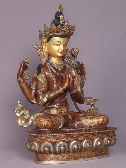 15" Tibetan Buddhist Deity Chenrezig Copper Statue From Nepal | Handmade Buddhist Deity Idol