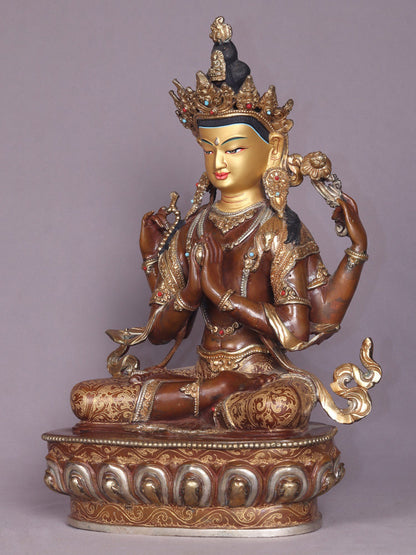 15" Tibetan Buddhist Deity Chenrezig Copper Statue From Nepal | Handmade Buddhist Deity Idol