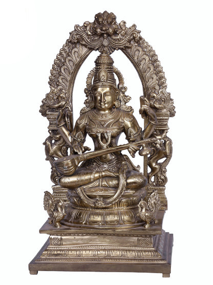 16" Goddess Saraswati with Kirtimukha Throne | Handmade Idol | Goddess Statue | Hoysala Art