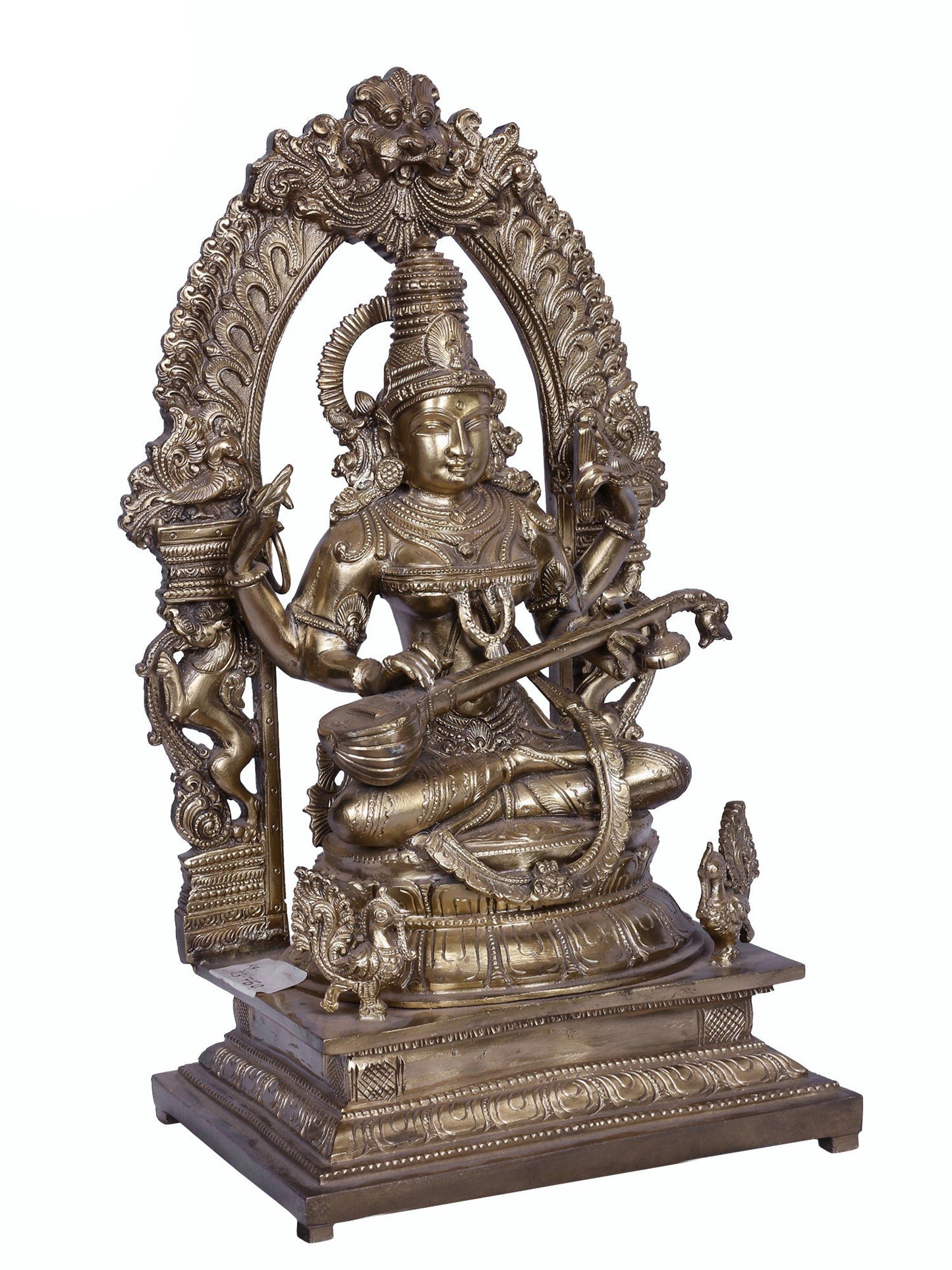 16" Goddess Saraswati with Kirtimukha Throne | Handmade Idol | Goddess Statue | Hoysala Art