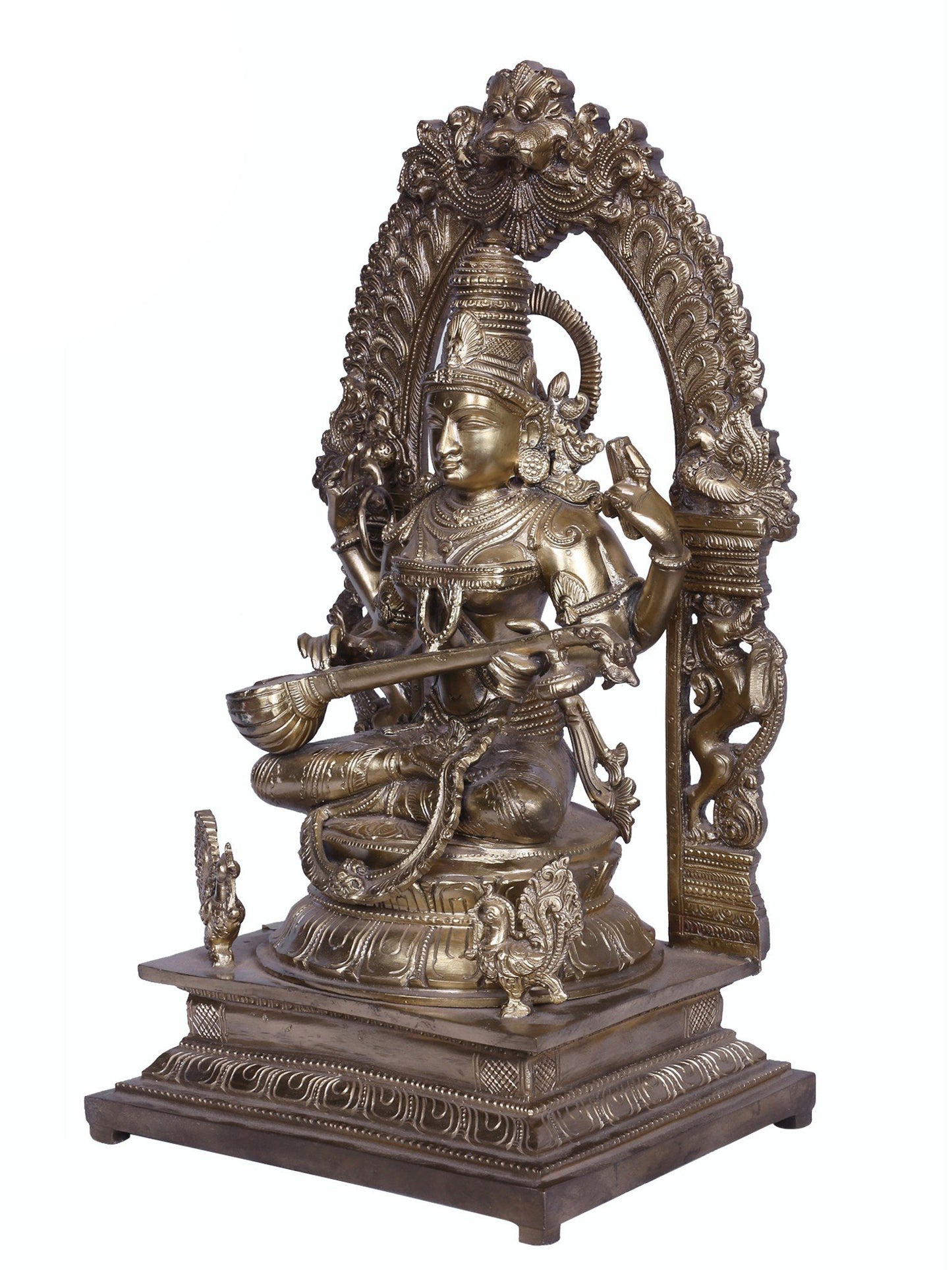 16" Goddess Saraswati with Kirtimukha Throne | Handmade Idol | Goddess Statue | Hoysala Art