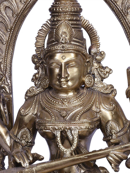 16" Goddess Saraswati with Kirtimukha Throne | Handmade Idol | Goddess Statue | Hoysala Art