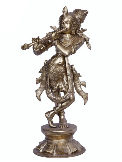 18" Standing Lord Krishna Playing Flute | Handmade Idol | Lord Krishna Bronze Statue | Hoysala Art