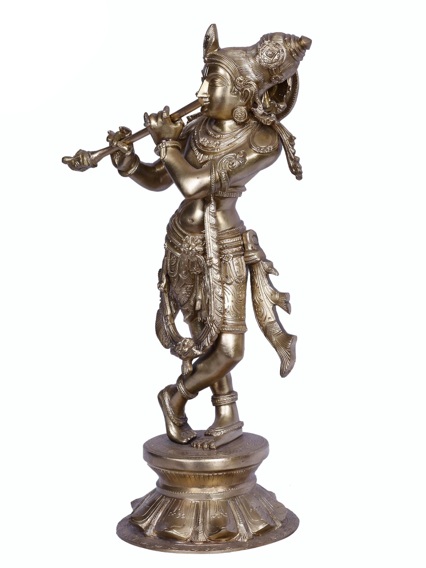 18" Standing Lord Krishna Playing Flute | Handmade Idol | Lord Krishna Bronze Statue | Hoysala Art