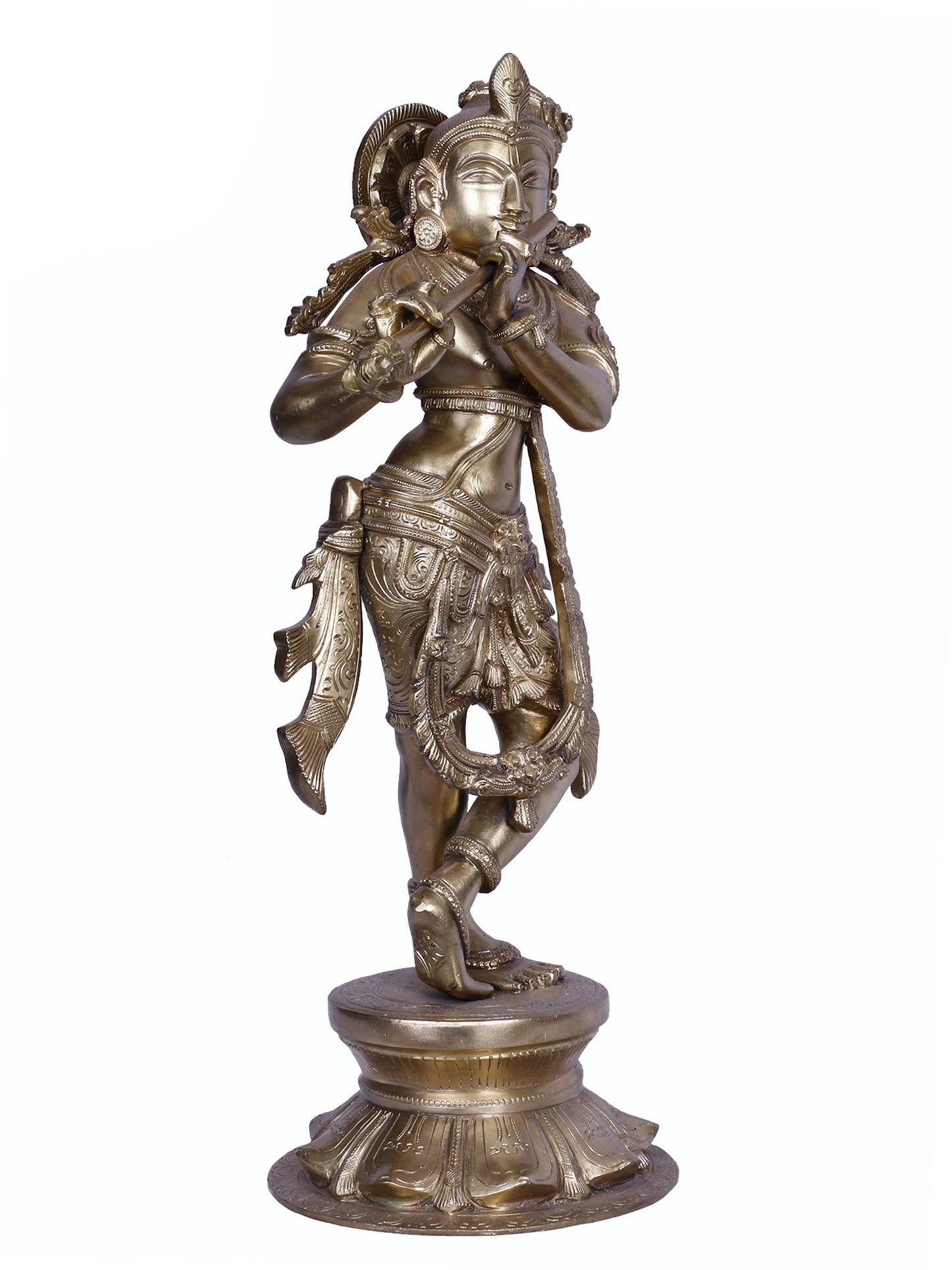 18" Standing Lord Krishna Playing Flute | Handmade Idol | Lord Krishna Bronze Statue | Hoysala Art