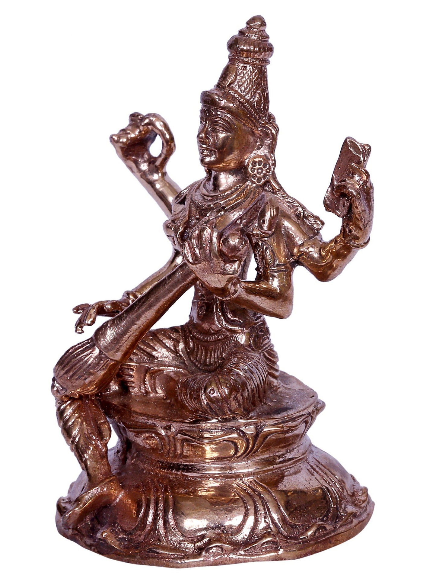 3" Sitting Goddess Saraswati Bronze Sculpture | Handmade